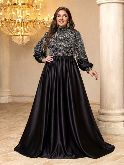  UNITHORSE 大码女士立领灯笼袖修身亮片缎面晚礼服