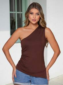 Women's Asymmetrical One-Shoulder Blouse With Bust Lining - Elegant Casual Style That Flatters The Silhouette - 摩卡棕 - 查看 10