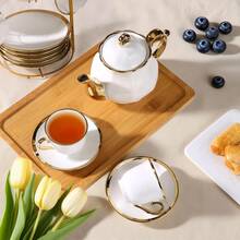 20-Piece Tea Cups Holder & Organizer, Gold Metal Rack For Coffee Cup, Spoon & Saucers, Porcelain Ceramic Tea Gift Set For 6 - Complete Serving Set With Organizer, Ultimate Gift For Tea Lovers, Perfect Mother's Day, Christmas & Housewarming - White - View 6