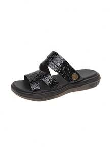 儿童鳄鱼纹亮面PU皮拖鞋，防滑耐穿，露趾设计，可调节绑带，厚实缓震平底，时尚休闲拖鞋，适合上学、日常穿着和海滩活动。 - 黑色 - 查看 10