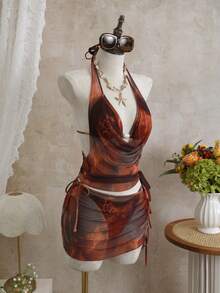 Bộ 4 món đồ nữ thanh lịch in họa tiết nhiệt đới, thích hợp cho kỳ nghỉ, du lịch, Giáng sinh, Ngày Valentine, mùa hè và đi biển. - Màu Cam cháy - Xem 5