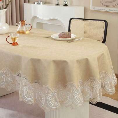 1pc Waterproof And Oil-Proof Lace Edged Tablecloth, Modern Oval Jacquard Waterproof And Oil-Proof Tablecloth, Suitable For Dining Table, Coffee Table, Daily Home Decor, Wedding, Party And Holiday