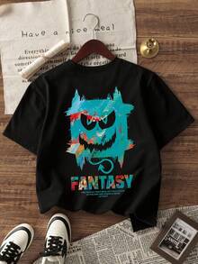 1 pieza Camiseta de niño con estampado de monstruo graffiti, nuevo estilo callejero americano de verano en color negro de manga corta, cómoda y versátil camiseta gráfica - Negro - Ver 2