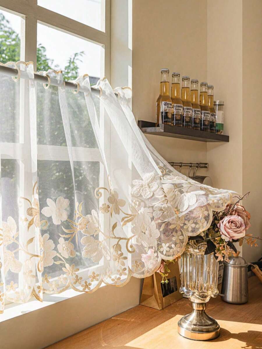 1/2pcs Rod Pocket Embroidered Floral Valance Curtain, Beige, For Bedroom, Kitchen, Living Room, Home Partition - 1PC - View 1