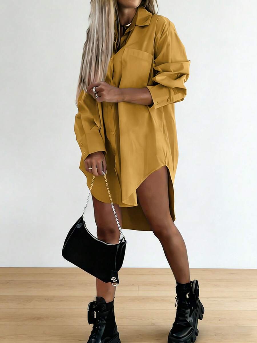 Women's Solid Color Button Front Short Hem Long Sleeve Shirt - Khaki - View 1