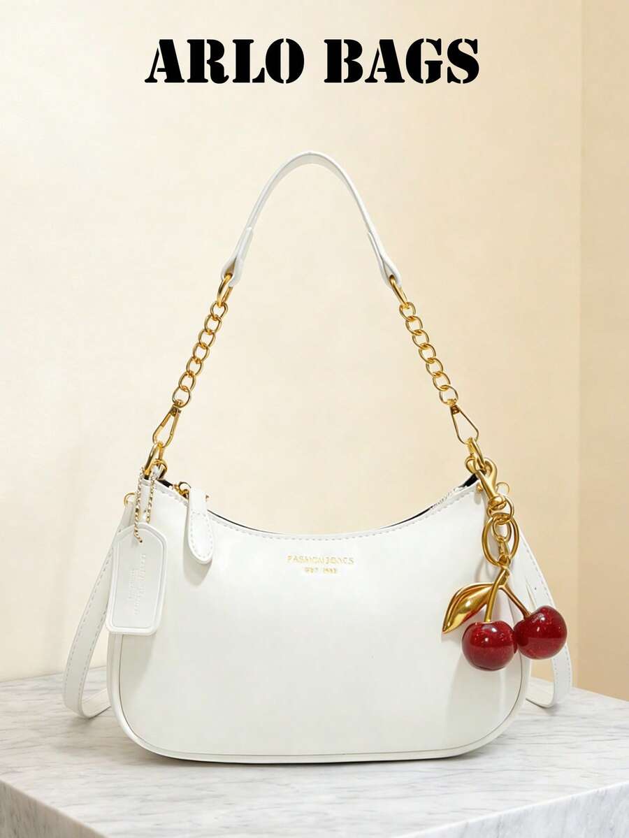 New Fashion Classic Wild Letter Decor Design Solid Color Waterproof PU Crescent Shoulder Bag/Underarm Bag, Suitable For Shopping And Crossbody Wear - White - View 1