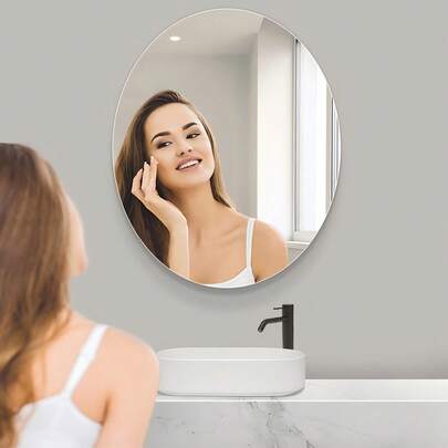 OUTANA 单包装柔性亚克力家居装饰镜，正面带背胶，撕下即可粘贴，防潮、防油、易清洁，椭圆形设计，可用作壁挂式梳妆镜，非玻璃材质（不易碎），便携易用。非常适合家居卧室装饰、旅行必备镜、客厅等场所，无论是用于化妆品收纳、客厅装饰、宿舍装饰还是创意房间装饰。