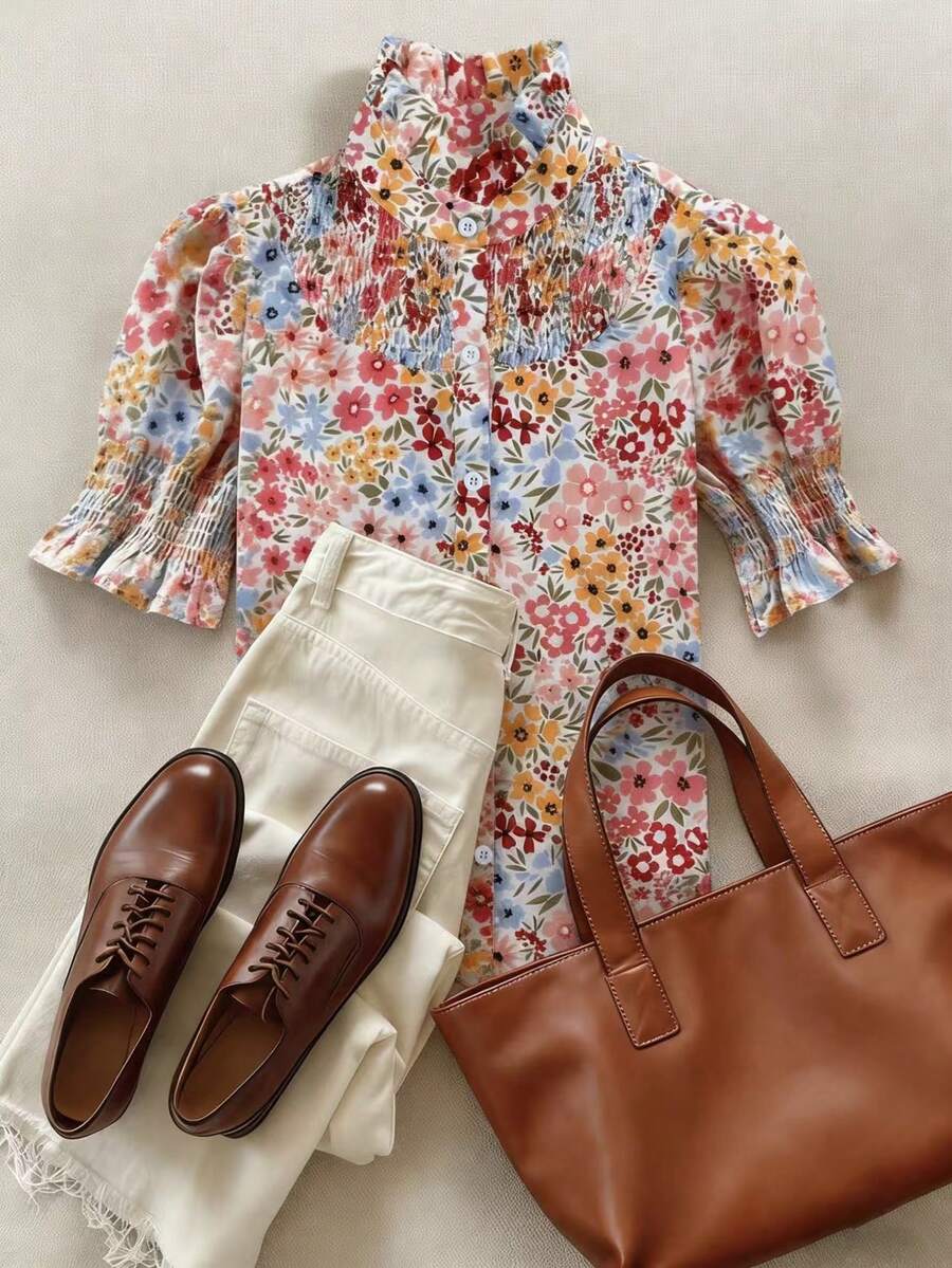 Women's Spring/Summer Vacation Style Short Sleeve Flare Sleeve Shirt, With Ruffle Hem, Button Front, Printed Pattern - Multicolor - View 1