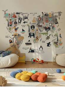 1pc/2pcs Large Size PVC Removable Wall Sticker, Cartoon Animal Map Decal For Kids Room Classroom, Interesting Early Education Knowledge, Cute Bear Driving With Deer, Fantasy Wallpaper, Suitable For Bedroom, Living Room, Study, Dining Room, Bathroom, Home Wall Decor - Multicolor - View 3