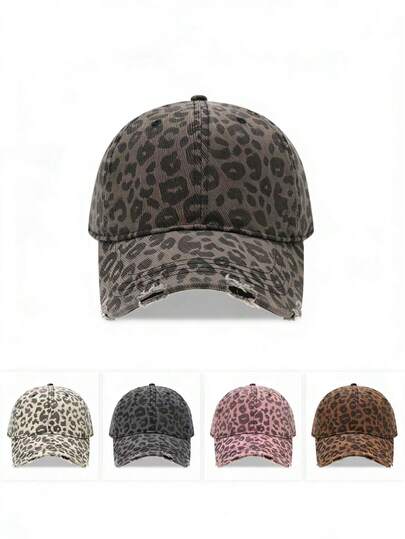 Gorra de béisbol unisex de mezclilla desgastada con estampado de leopardo