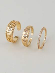 3件套优雅立方氧化锆四叶草和星芒戒指套装，可叠戴戒指，适合女士日常、约会、派对佩戴 - 金黃色 - 查看 2