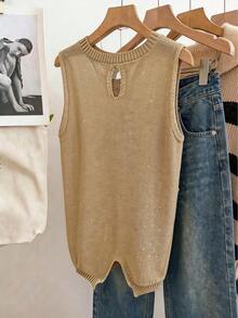 Women's Shimmering Gold-Thread Knit Top , Crew Neck, Sleeveless, Openwork Details, Split Hem; Regular Length, Medium Stretch,Vacation Outfits,Summer Tops. - Khaki - View 3