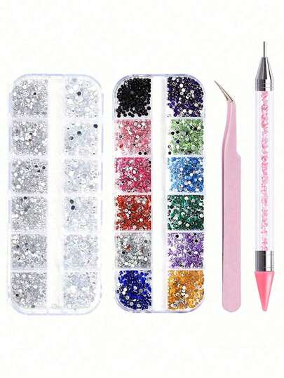 Bộ 4 món bút chấm móng tay màu hồng, nhíp, dụng cụ làm móng bằng nhựa, mũi khoan đáy phẳng hình chữ nhật, bộ dụng cụ trang trí móng tay, bộ dụng cụ nghệ thuật làm móng, phụ kiện làm móng, đá trang trí móng.