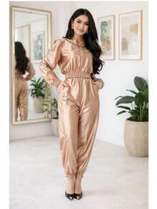 Women's Set: Long-Sleeved Blouse With Shoulder Pads And Jogger Pants In Thick Satin Crepe With Elastane, Fitted Cuffs, Stylish, Modern And Sophisticated - 金色 - 查看 4