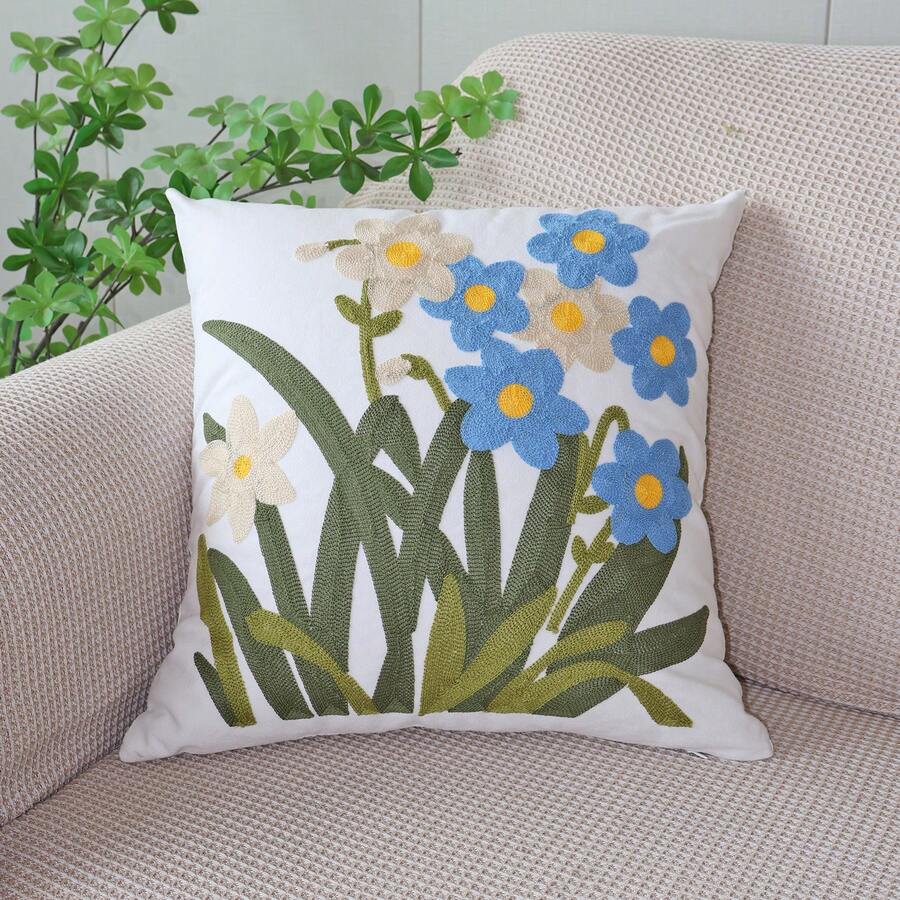 1pc Pastoral Style Embroidered Bird & Flower Decorative Pillow Cover, Canvas Embroidery Cushion Case, Suitable For Sofa And Bedroom, Without Pillow Insert, Sold Individually - Daffodils - View 1