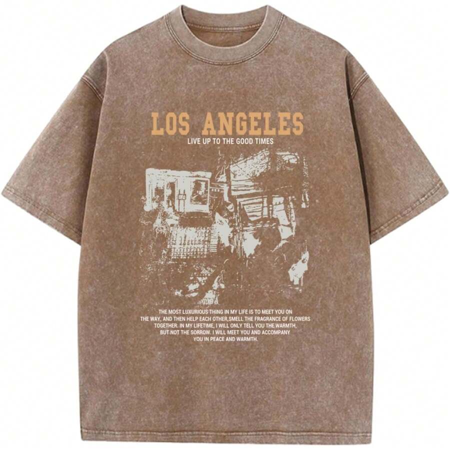 Oversized Graphic Tshirts For Men Acid Wash Los Angeles Vintage Tees Streetwear Baggy Cotton Shirts Casual Topssummer Outfits For Women - 咖啡 - 查看 1