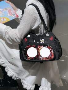 Anime-Inspired Ita Crossbody Bag With Clear Display Pocket, Cute Cat-Themed Lightweight Shoulder Bag For Girls - Black - View 1