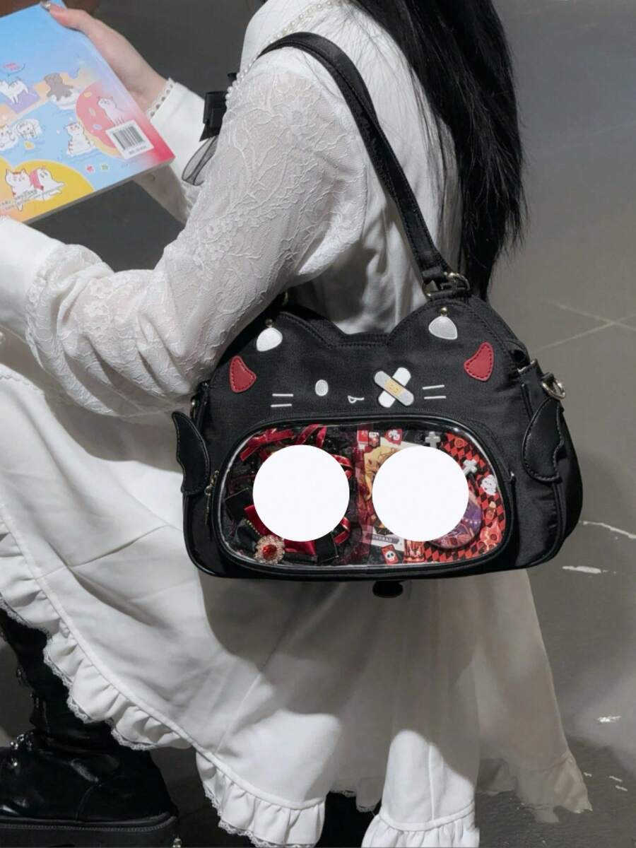 Anime-Inspired Ita Crossbody Bag With Clear Display Pocket, Cute Cat-Themed Lightweight Shoulder Bag For Girls - Black - View 1