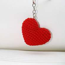 1pc Handmade Crochet Heart-Shaped Keychain, 3D Heart Couple Bag/Car Keyring Charm - Multicolor - View 4