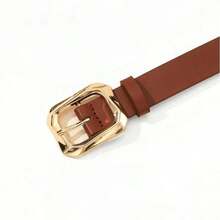 1pc Gold Square Buckle Women's Belt, Fashionable & Luxurious For Daily Wear With Dresses, T-Shirts, Casual Pants - Coffee - View 3
