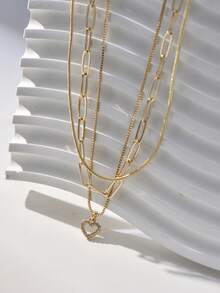 3-Layer Stacked Paper Clip Chain, Heart Shaped Cubic Zirconia Pendant Necklace Set - Yellow Gold - View 6