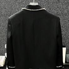 Suits For Men New Three-Dimensional Pearl Bead Jacket Fashion Short Blazer Versatile Oversize Personalized Flower Jacket Men - Black - View 5