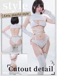 Sexy Cutout Knit Bikini Sweater Cosplay Set For Women – High Neck Anime-Inspired Doll Style Costume, 7-Piece Outfit With Top, Bikini, Gloves, Socks & Garter - 白色 - 查看 6