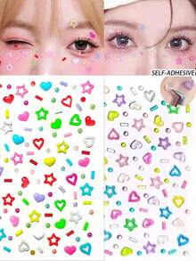 1/2/3 Styles Hollow Five-Pointed Star & Heart Shaped Stickers, Mixed With Dopamine Elements, Self-Adhesive Back, Suitable For Festivals, Performances, Concerts And Other Occasions, Also Can Be Used As Nail Art Decoration Stickers. - Multicolor - View 2