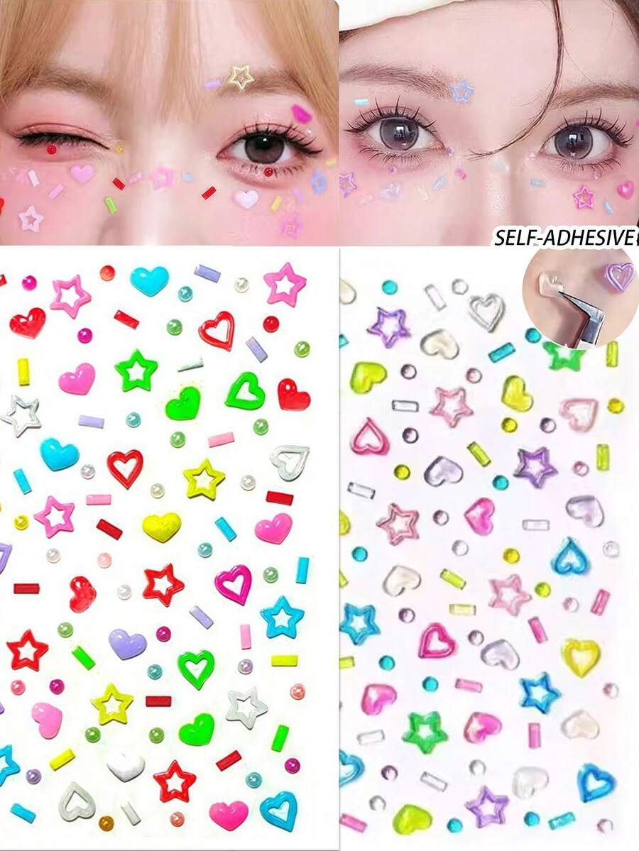1/2/3 Styles Hollow Five-Pointed Star & Heart Shaped Stickers, Mixed With Dopamine Elements, Self-Adhesive Back, Suitable For Festivals, Performances, Concerts And Other Occasions, Also Can Be Used As Nail Art Decoration Stickers.
