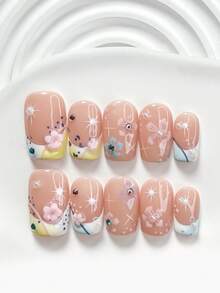 Bộ dụng cụ làm móng tay thủ công kiểu ngọt ngào 10 món, bao gồm bộ dụng cụ làm móng gel, họa tiết hoa 5 cánh màu hồng, họa tiết hoa 5 cánh màu xanh và hồng, họa tiết sọc xanh và trắng, sơn móng tay màu trắng, kèm theo dụng cụ làm móng (1 miếng dán gel + 1 dũa móng), 3 kích cỡ: vuông, vuông ngắn, hình hạnh nhân. - Nhiều màu - Xem 4