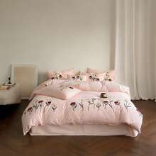 3 Stücke weiches & bequemes Kräuselgaze Bettwäsche Set (1 Bettbezug + 2 Kissenbezüge, ohne Füllung), florale Stickerei im Landhausstil, geeignet für Schlafzimmer, Gästezimmer, Jungen & Mädchen, maschinenwaschbar - Babypink - Übersicht 16