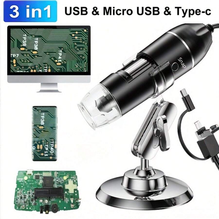 1600X 200W/30W Digital Microscope Camera, 3-In-1 Portable USB Electronic Microscope For Skin Examination, Insect Observation, Circuit Inspection, Compatible With PC, Type-C - Black - View 1