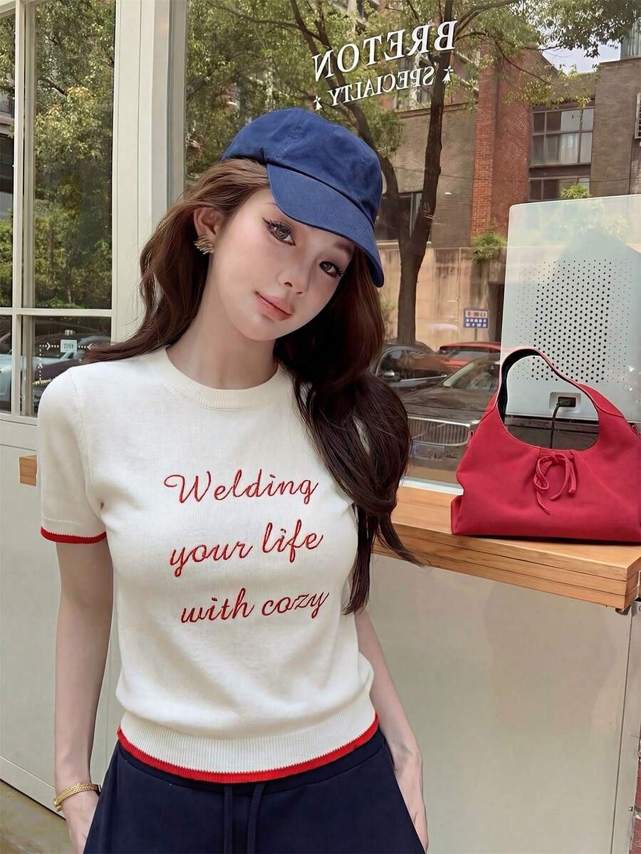 Women's Contrast Color Embroidery Slim Fit Knit Short Sleeve Sweater Top, Casual & Minimalist, Summer - Apricot - View 1