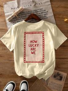 女士字母印花圆领休闲百搭日常短袖T恤 - 杏色 - 查看 7