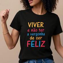 Camiseta de Mujer con Estampado Inspirador "Portugal, Viva una Vida Feliz" para Salidas Diarias, Eventos, Estilo En￩rgico y Entusiasta, Manga Corta, Estilo Positivo- 1pcs, 180Gsm, 100% Cotton - Negro - Ver 3
