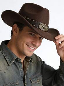 Retro Bull's Head Buckle Western Cowboy Hat - Men's And Women's Matching Wool Wide-Brimmed Hat - Sunshade Jazz Hat, Suitable For Parties, Western-Themed Events, Gatherings, Role-Playing, Graduation Ceremonies, Hiking Trips, Etc. - Golden Bull Top Hat - View 3