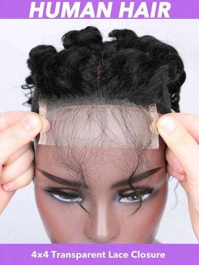 4x4 水波纹蕾丝发片，巴西真人发，带婴儿发，卷曲波浪蕾丝发片，适合女性，尺寸 8-18/20/22 英寸，巴西水波纹处女真人发，透明蕾丝发片，自然黑