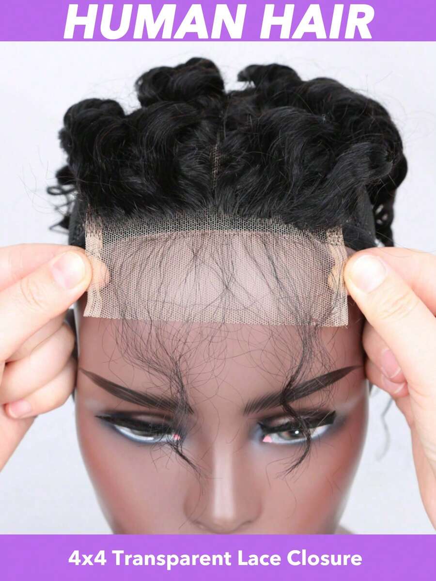 4x4 水波纹蕾丝发片,巴西真人发,带婴儿发,卷曲波浪蕾丝发片,适合女性,尺寸 8-18/20/22 英寸,巴西水波纹处女真人发,透明蕾丝发片,自然黑 - Natural Black - 查看 1