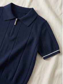 Boys' Collegiate Style Lyocell Solid Color Short Sleeve Half-Zip Lightweight Knit Pullover Sweater, Spring/Summer/Autumn - Navy Blue - View 8