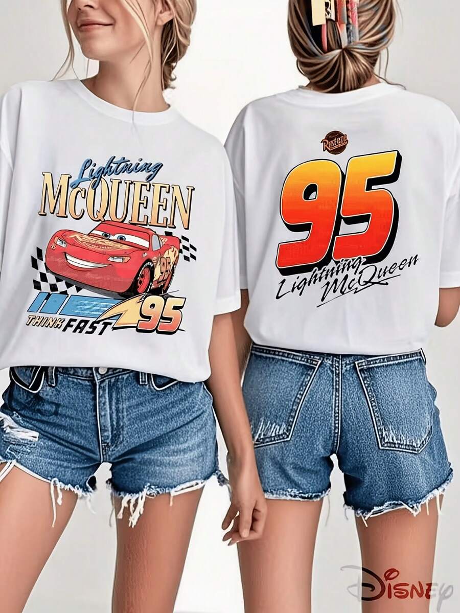 Disney Lightning McQueen Double-Sided Printed Code Women's T-Shirt, Loose Round Neck, "95" Orange Red Gradient Double-Sided Printed, Recommended For Spring And Summer, Machine Washed Fabric, Micro Elastic, Exclusive For Racing IP Fans, Gift. ,  Disney Shirt, Disney Shirts, Summer Outfits For Women, Spring Outfits For Women, Officially Licensed Disney T-Shirts, Disney Men's And Women's Spring/Summer Fashion Casual Short-Sleeve T-Shirts - 白色 - 查看 1