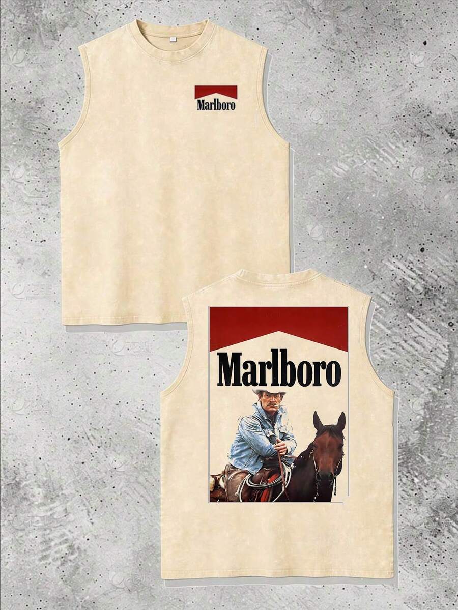 Men's Casual Crew Neck Sleeveless Washed Vest, Made Of 100% Cotton, Perfect For Summer Vacations. Features A Stylish Print And Y2K Street Style. An Excellent Gift For Boyfriends And Husbands. - 杏色 - 查看 1