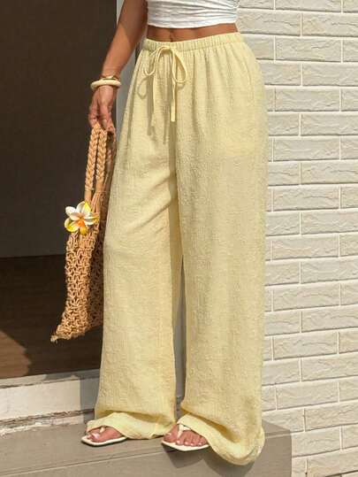 ¡Imprescindible para las vacaciones de verano! Pantalones anchos de pierna ancha con textura floral de color amarillo claro para mujer, con cintura con cordón, sueltos y transpirables para uso casual