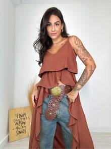 Longline Tunic With Thin Straps, Boho Chic Style. - Camel - View 3