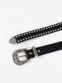 1 pieza Cinturón de cuero negro estilo vaquero americano retro para hombre, hebilla con remaches plateados en relieve de doble hilera y acabado envejecido, ideal para ropa urbana, conciertos, festivales, uso diario y como regalo. - Puntos - Ver 7