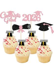 12pcs Congrats Grad 2026 Cake Toppers - Graduation Diploma & Cap Cake Decorations For High School, College 2026 Graduation Party - Black and Pink - View 1