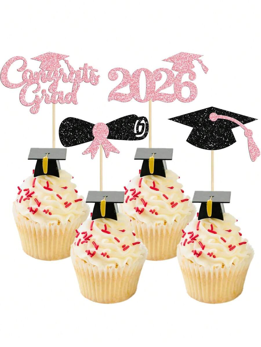 12pcs Congrats Grad 2026 Cake Toppers - Graduation Diploma & Cap Cake Decorations For High School, College 2026 Graduation Party - Black and Pink - View 1
