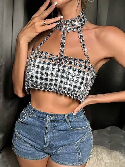 DEKUNER Cadena corporal con cuentas brillantes, top corto para mujer para fiesta en discoteca, joyería corporal para celebración de festivales, de moda y llamativa