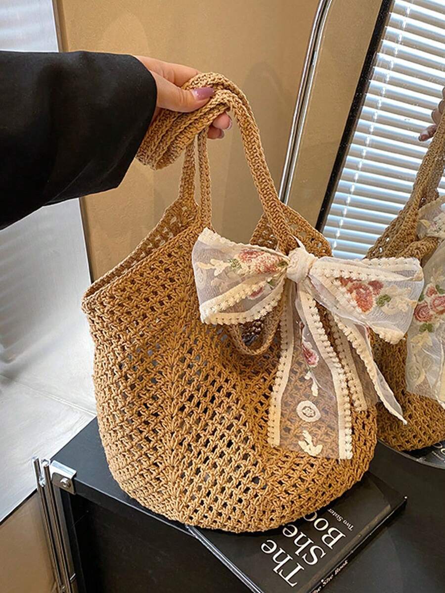 Y2K Style Large Capacity Fashion Woven Tote Bag - Hollow Shoulder Bag, Women's Beach Bag, Crochet Woven Beach Bag, Women's Knitted Shoulder Bag, Summer Crochet Bag, Women's Beach Bag, Hollow Handmade Woven Bag For Women Summer Casual Oversized Straw Bag Beach Holiday Shoulder Tote Bag, Bohemian Summer Holiday Women Tote Bag - Multicolor - View 1