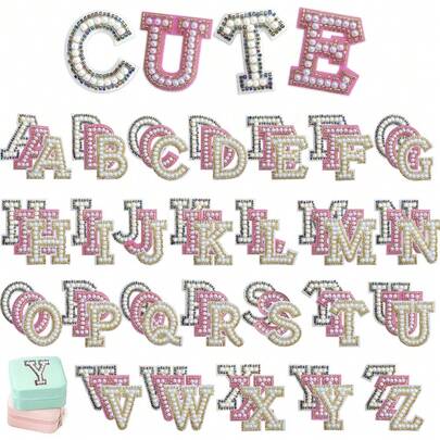 1/26 miếng dán chữ cái A-Z bằng hạt ngọc trai tự dính - Miếng vá vải có thể ủi hoặc may, thích hợp cho đồ thủ công DIY, túi xách, trang trí quần áo.