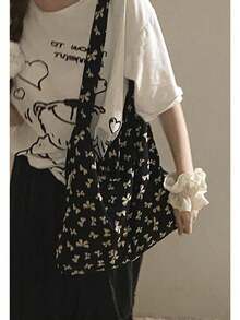 韩式小众设计碎花帆布手提包，通勤、外出、日常购物单肩/腋下手提包，大容量可折叠手提包 - 黑色 - 查看 4